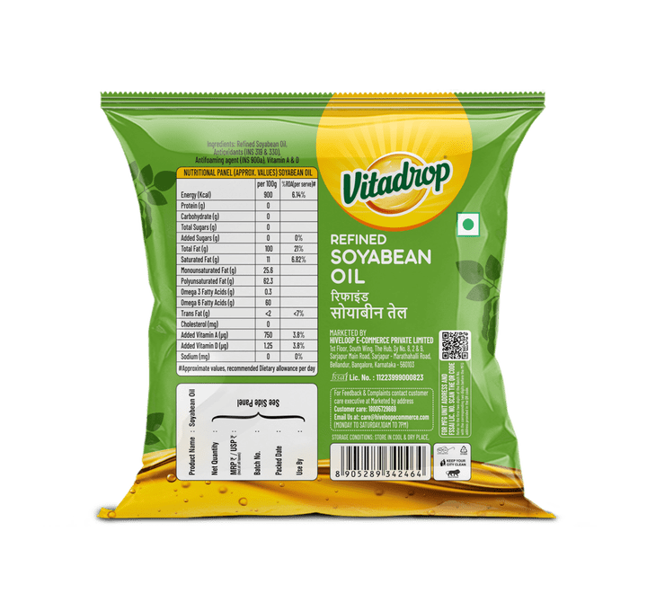 Vitadrop Refined Soyabean Oil 375g Pouch - Back View