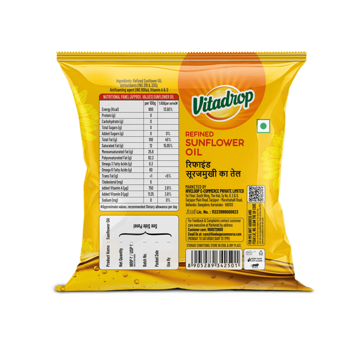 Vitadrop Refined Sunflower Oil 500ml Pouch - Back View