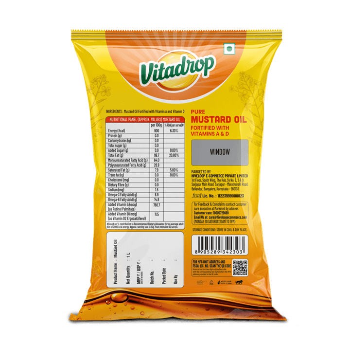 Vitadrop Mustard Oil 1L Pouch - Back View