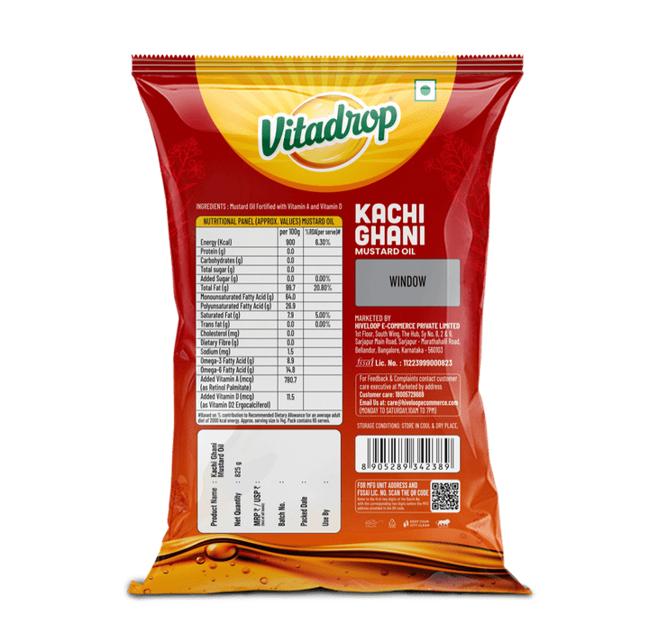 Vitadrop Kachi Ghani Mustard Oil 825g Pouch - Back View
