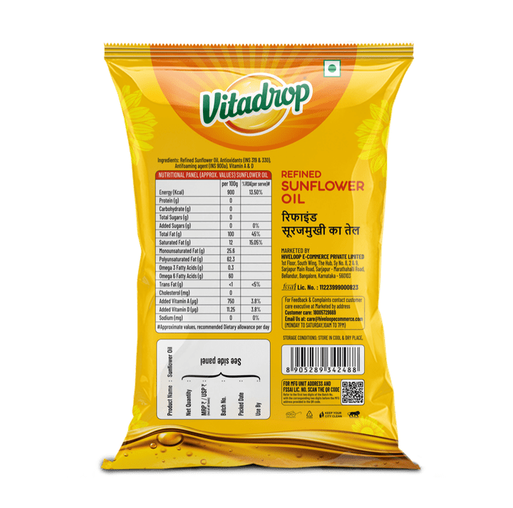 Vitadrop Refined Sunflower Oil 1L Pouch - Back View