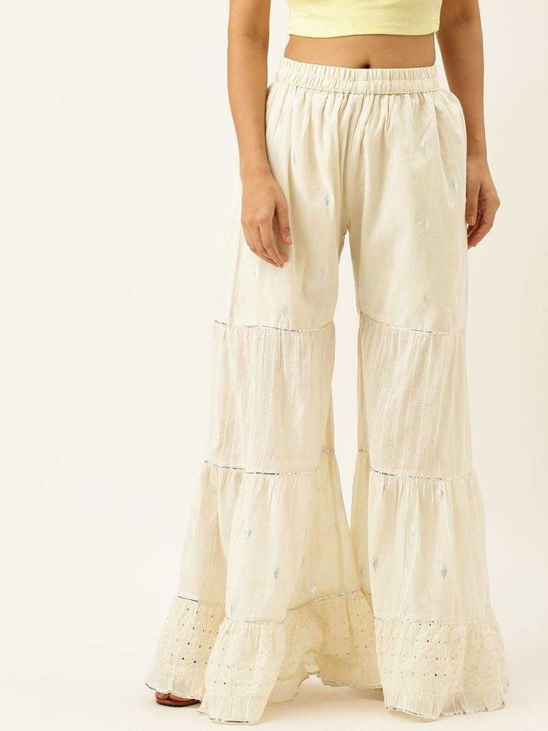 Cotton Fabric Cream Solid Ankle Length Pant For Women - Zola