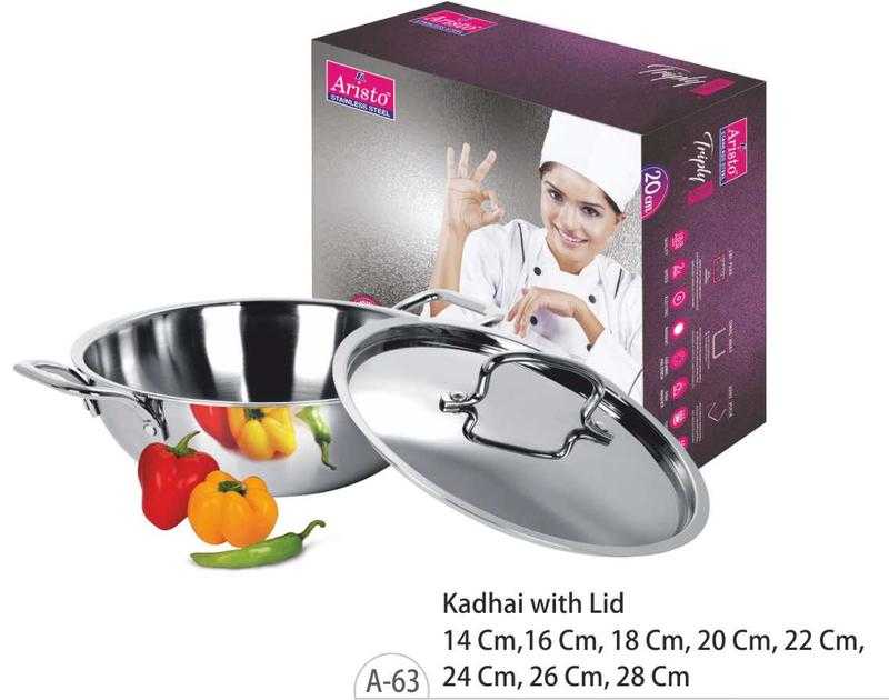 Aristo Tri-Ply Teflon Stainless Steel 1.2 L Kadhai / Indian Woks With Lid  (22 cm Diameter,Non Sticky - Yes)