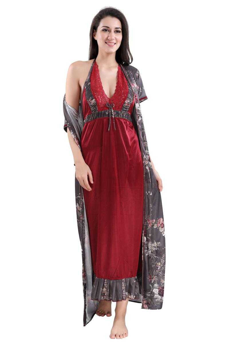 Style Dunes Women's Stylish Digital Print Satin Night Dress with Robe 2  Piece Nightwear Set - Free Size Nighty