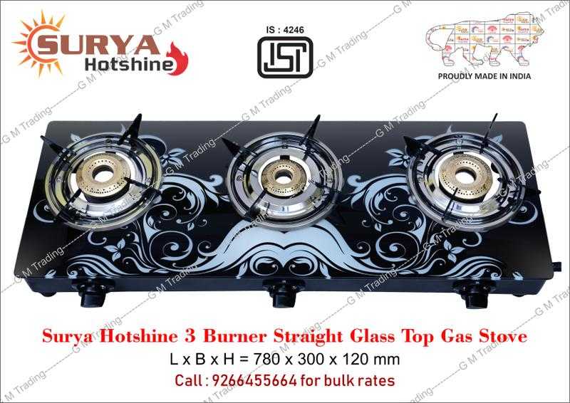 Surya gas stove store 3 burner glass top