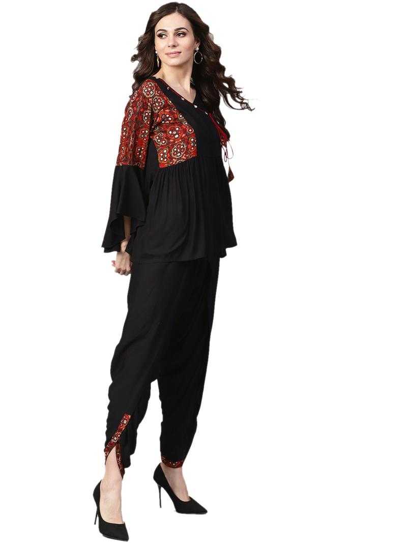 Shree Women Black Rayon Printed Short Kurti With Dhoti Salwar