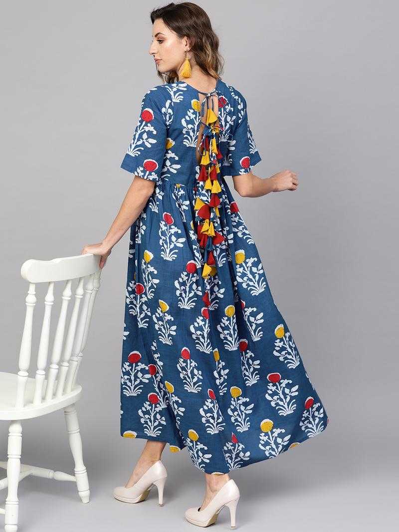 Aks clothing Indigo printed maxi dress with back detailing YA4631