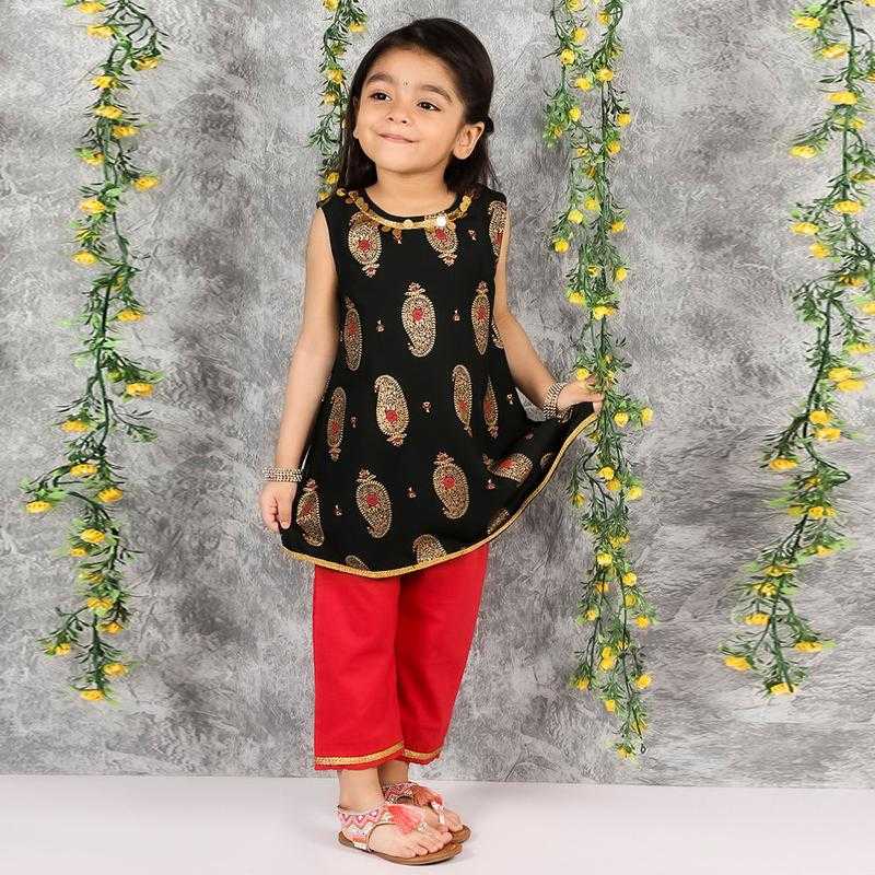 Hopscotch Girls Cotton Sleeveless Ethnic Print Kurta Pajama Set in