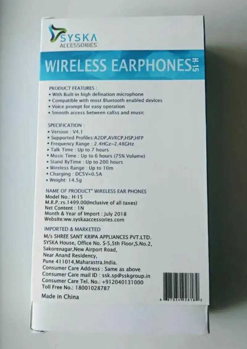Syska bluetooth earphones h15 sales