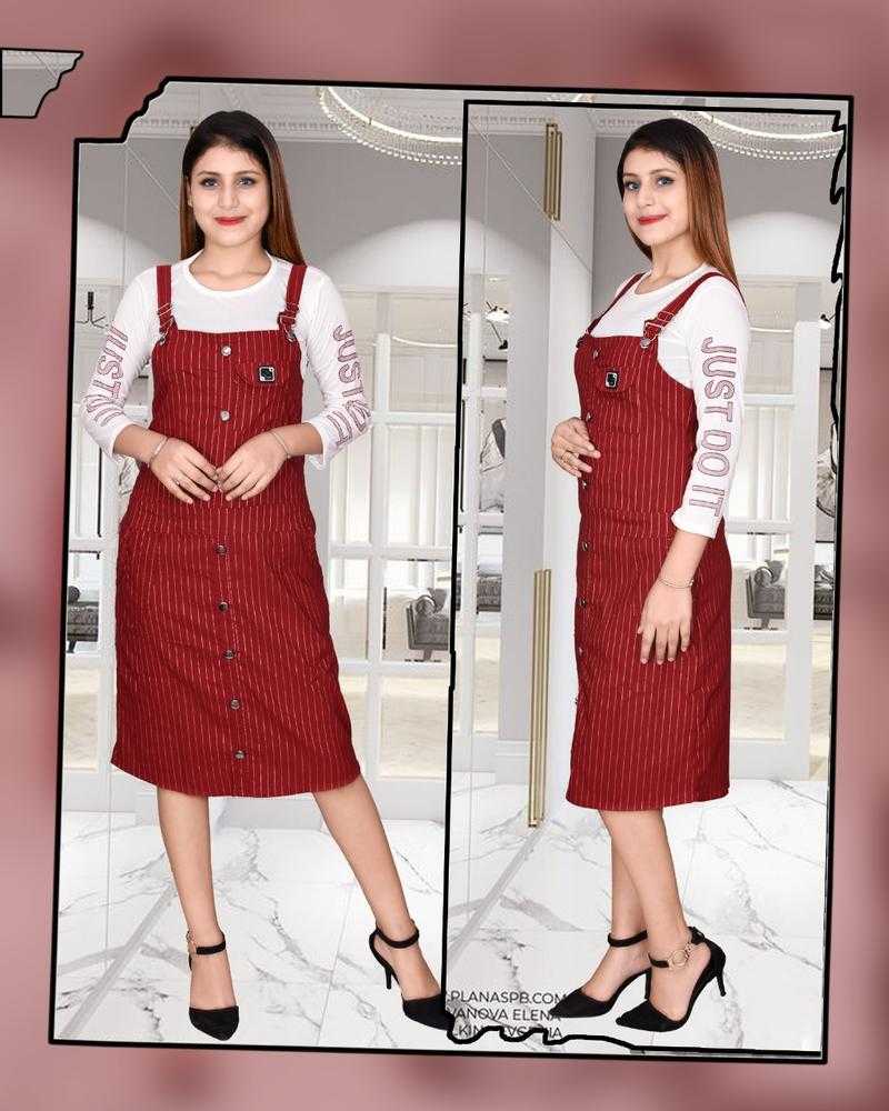 Red Mirchi Striped Toko Knee Length Dungaree Dress for Women Set