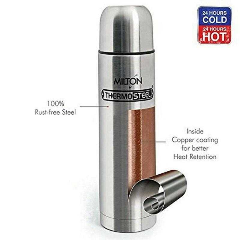 Milton Thermosteel Flip Lid Vacuum Flask & Mug Hot Cold Water Tea Bottle 1L